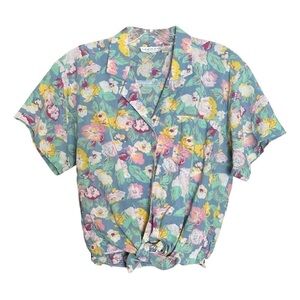 Adolfo Collectibles Vintage Floral Cropped Tie Waist Button Down Shirt Size 7/8